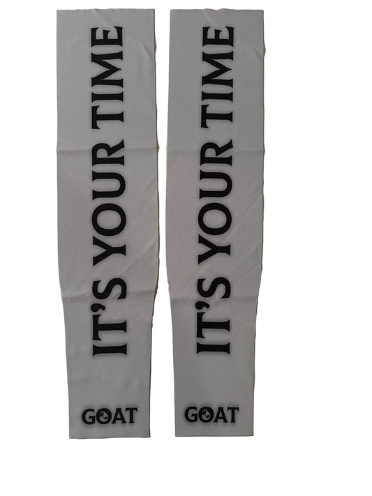 Two gray arms
sleeves with black text on a white background