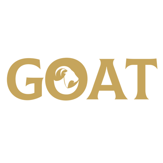 GOAT gold logo with goat head inside the O