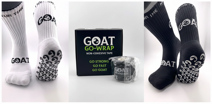 GOAT socks and GOAT Go-Wrap packaging on a white background